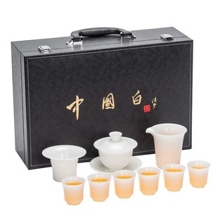 素烧薄胎三才盖碗品茗杯商务家用礼盒 高端冰种玉瓷功夫茶具o套装