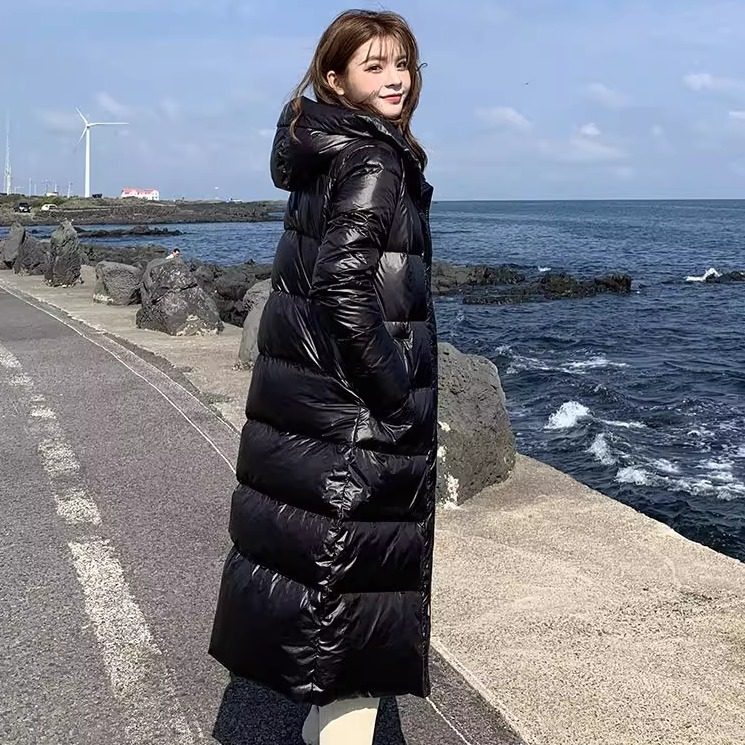 亮面黑色中长款羽绒棉服女2024款女装冬款时尚爆款过膝免洗外套潮