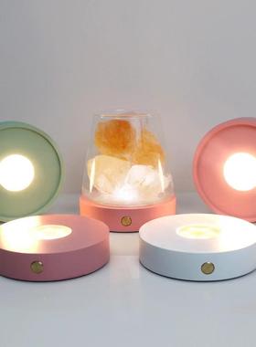 马卡龙彩色圆形充电暖白三色可调光发光底座触摸灯座USB香薰晶石