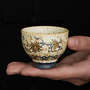 青花火石红陶瓷茶杯主人杯单杯品茗杯高脚杯描金高足杯子功夫茶具