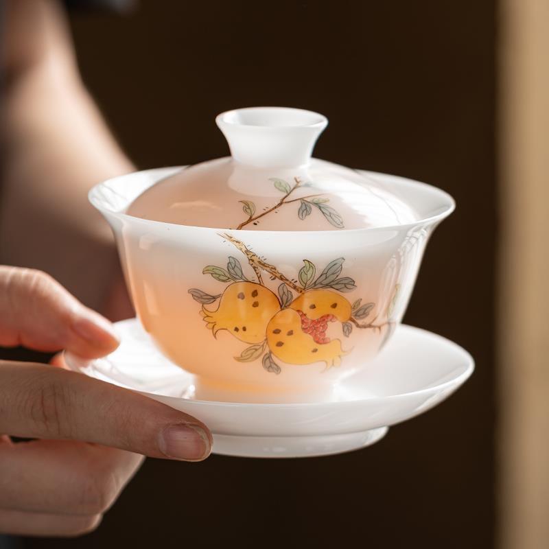 德化手绘冰种玉瓷三才盖碗茶杯家用白瓷喝茶陶瓷整套送礼功夫茶具