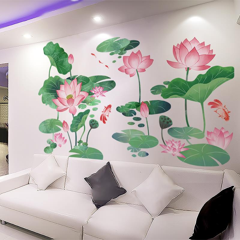 中国风荷花温馨墙贴客厅电视背景纸书房墙面装饰贴画中式玄关壁画图片
