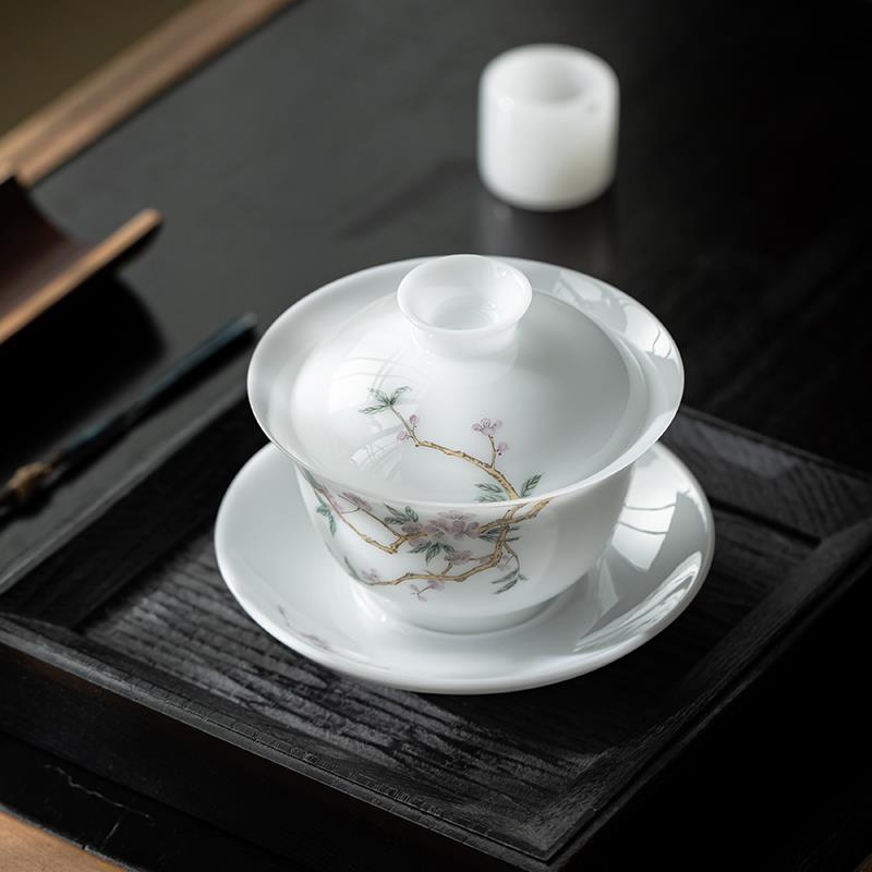 手绘冰种玉瓷三才盖碗单个茶杯德化陶瓷泡茶碗高档不烫手功夫茶具