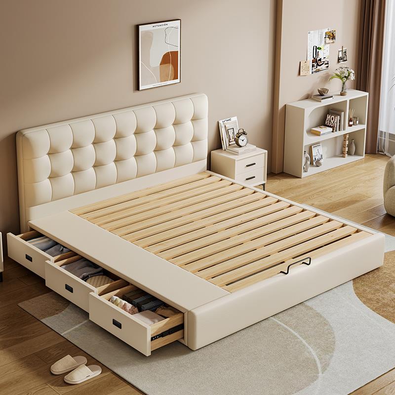 华夫格实木床小户型薄床头三抽超大储物实木落地床可定制尺寸