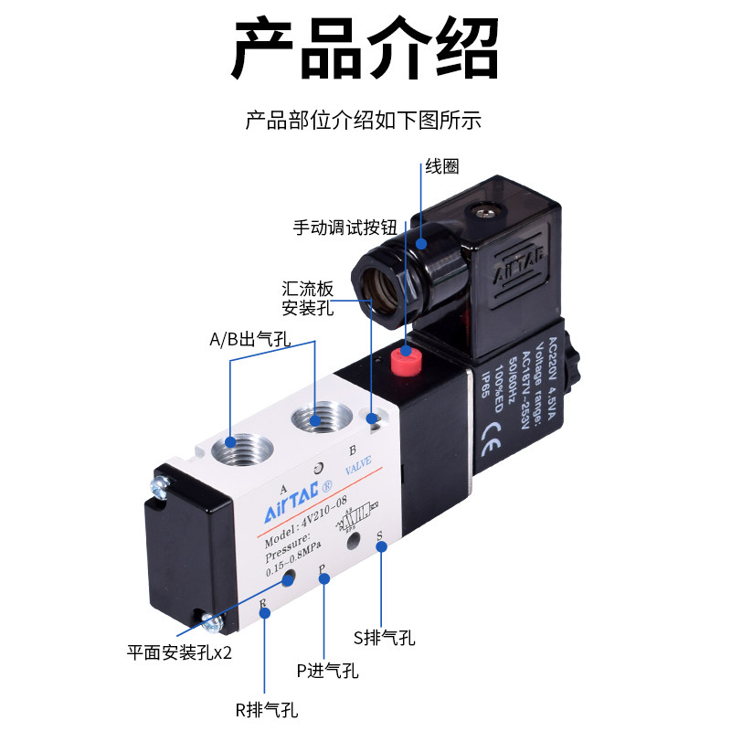 电磁阀4V210-08 4V110-06 4V310-10 4V410-15 AC220V DC24V亚德客