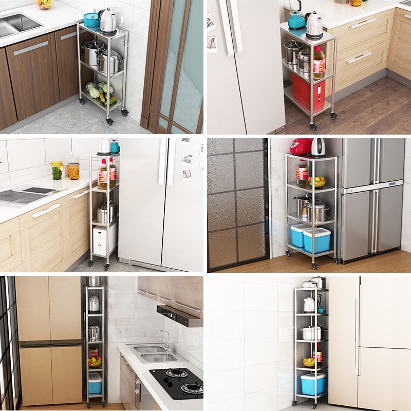 不锈钢厨房夹缝收纳置物架带轮缝隙收纳柜超窄分层锅架窄缝收纳架