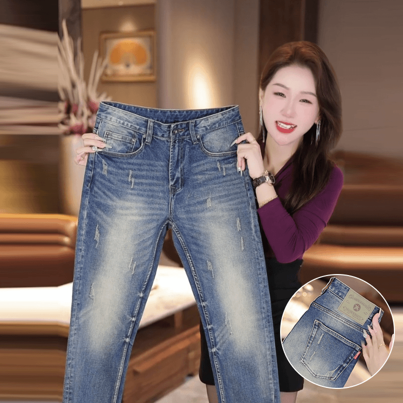 美式潮牌牛仔裤男夏季新款刮烂磨白水洗长裤修身百搭高品质裤子男