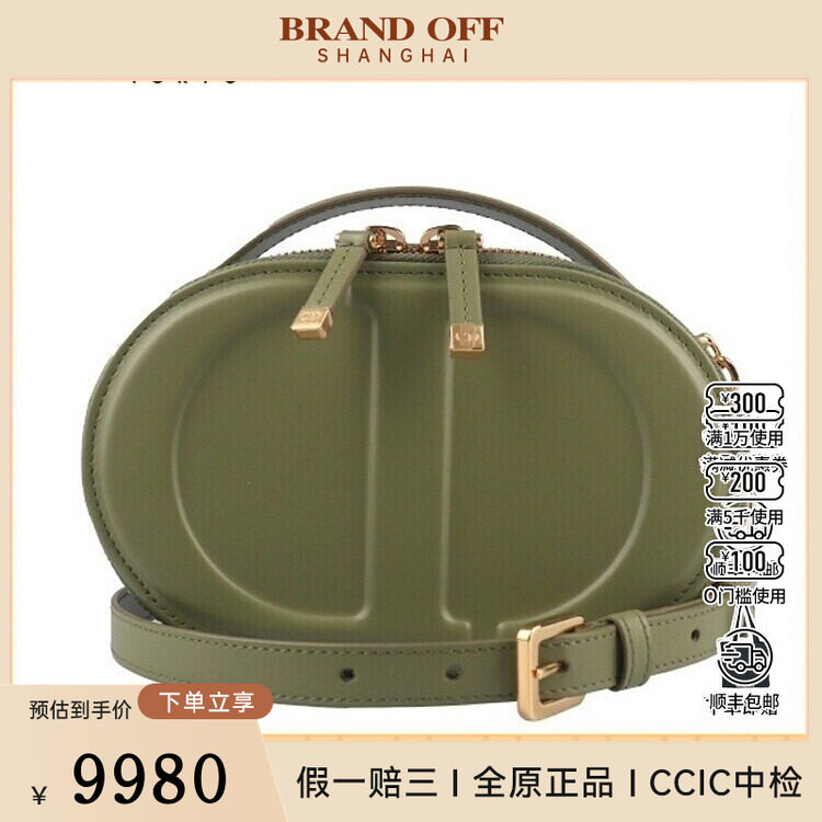 中古9新DIOR(迪奥)CD SIGNATURE 椭圆相机包牛油果绿牛皮斜挎包