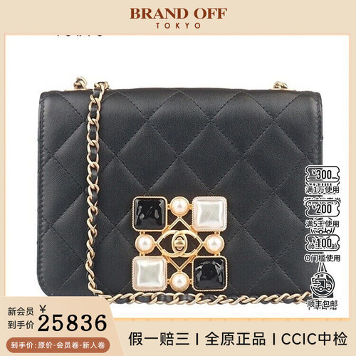9新CHANEL香奈儿巴洛克宝石方扣口盖黑小牛皮斜挎二手奢侈品包包