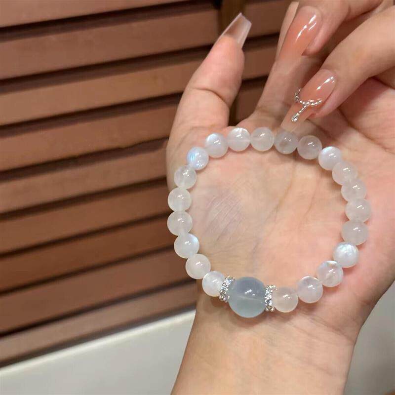 天然蓝月光石手链搭配海蓝宝水晶手链时尚女清新蓝月光手串直播