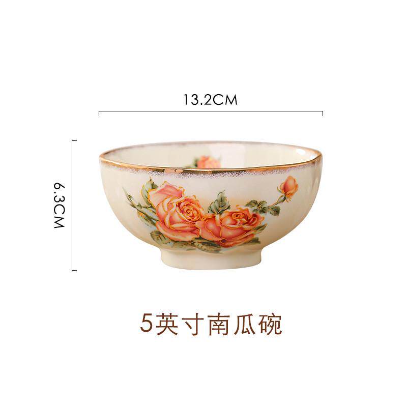 qjao批发韩式陶瓷玫瑰米饭碗碟套装家用金边奢华宫廷餐具女皇碗盘
