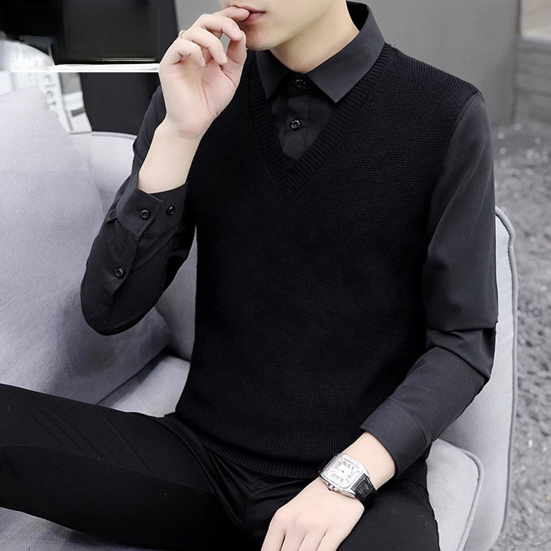 品牌假两件毛衣男春秋新款衬衫领针织衫男士冬季加绒内搭打底衫帅