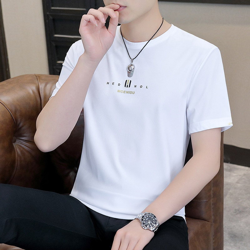 高端白色短袖T恤男2026夏季新款潮流圆领修身薄款速干男士上衣帅