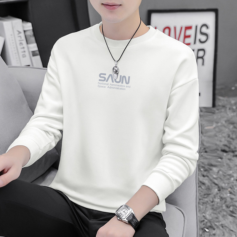 2025新款白色卫衣男纯棉圆领宽松秋冬加绒加厚男士长袖t恤打底衫