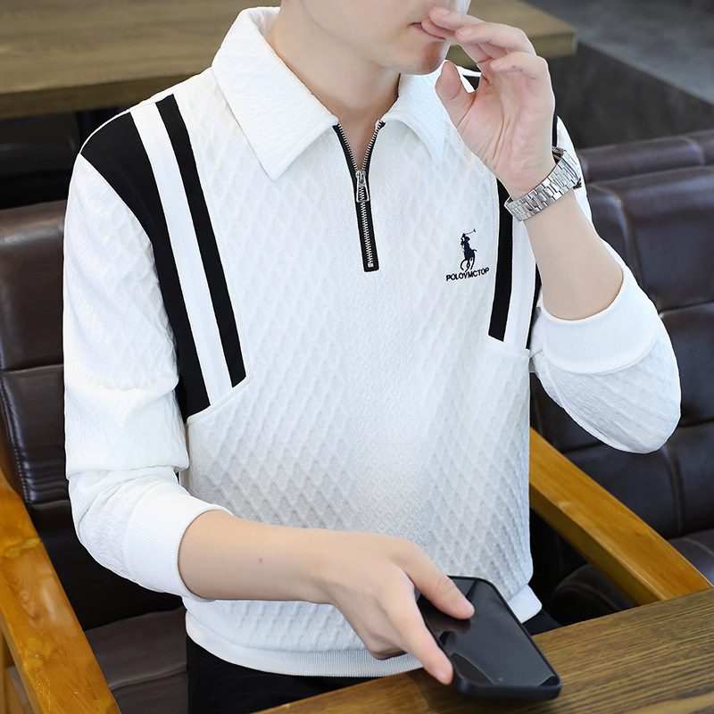 白色半拉链翻领男士长袖T恤