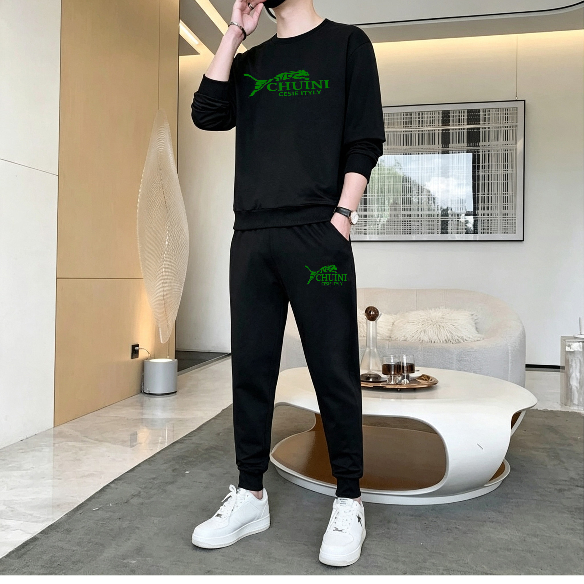 潮牌秋冬印花卫衣运动套装男