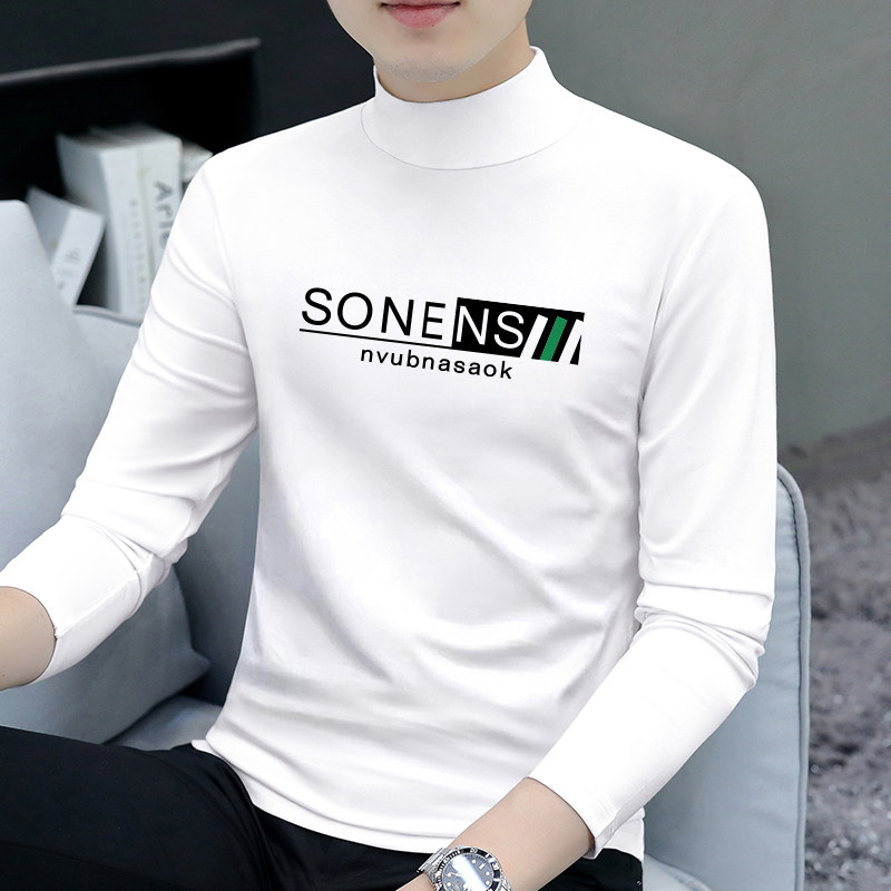 2025春秋季新款白色半高领长袖t恤男纯棉薄款修身男士内搭打底衫