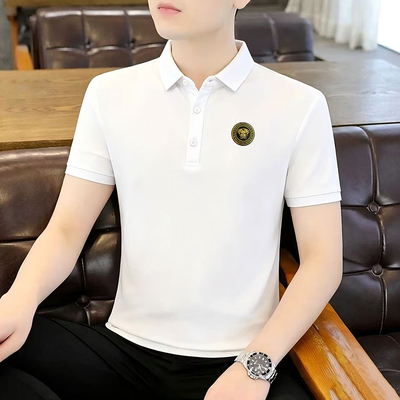 冰爽纯棉男士翻领Polo衫轻奢徽章印花夏季透气商务修身短袖体恤潮