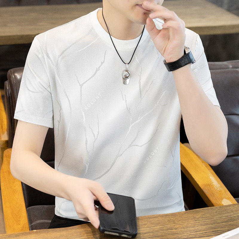 高端桑蚕丝短袖T恤男2026新款圆领修身夏季薄款速干男士冰丝上衣