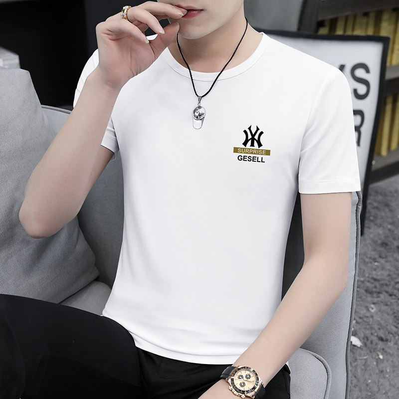 高端莫代尔冰丝白色短袖t恤男士2026夏季新款潮牌印花圆领修身帅