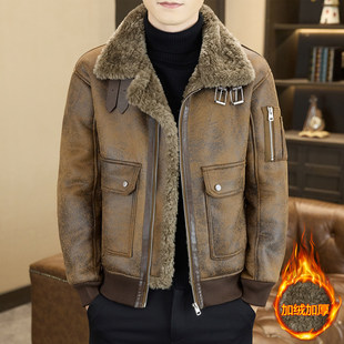 高端皮衣外套男款2025新款冬季加绒皮毛一体机车夹克宽松翻领上衣