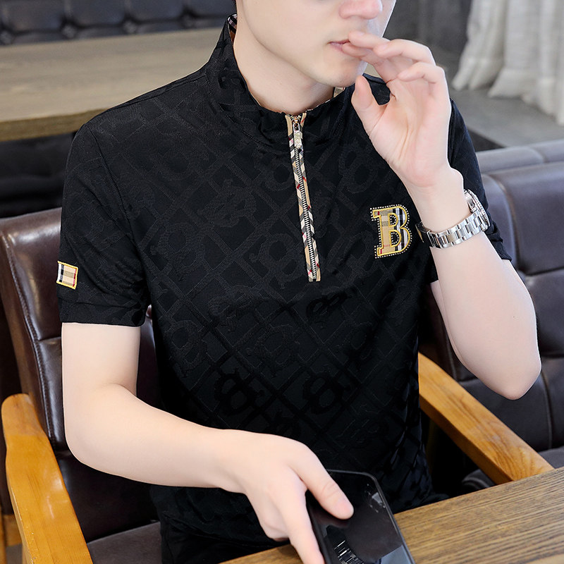 半拉链立领速干冰丝烫钻T恤男