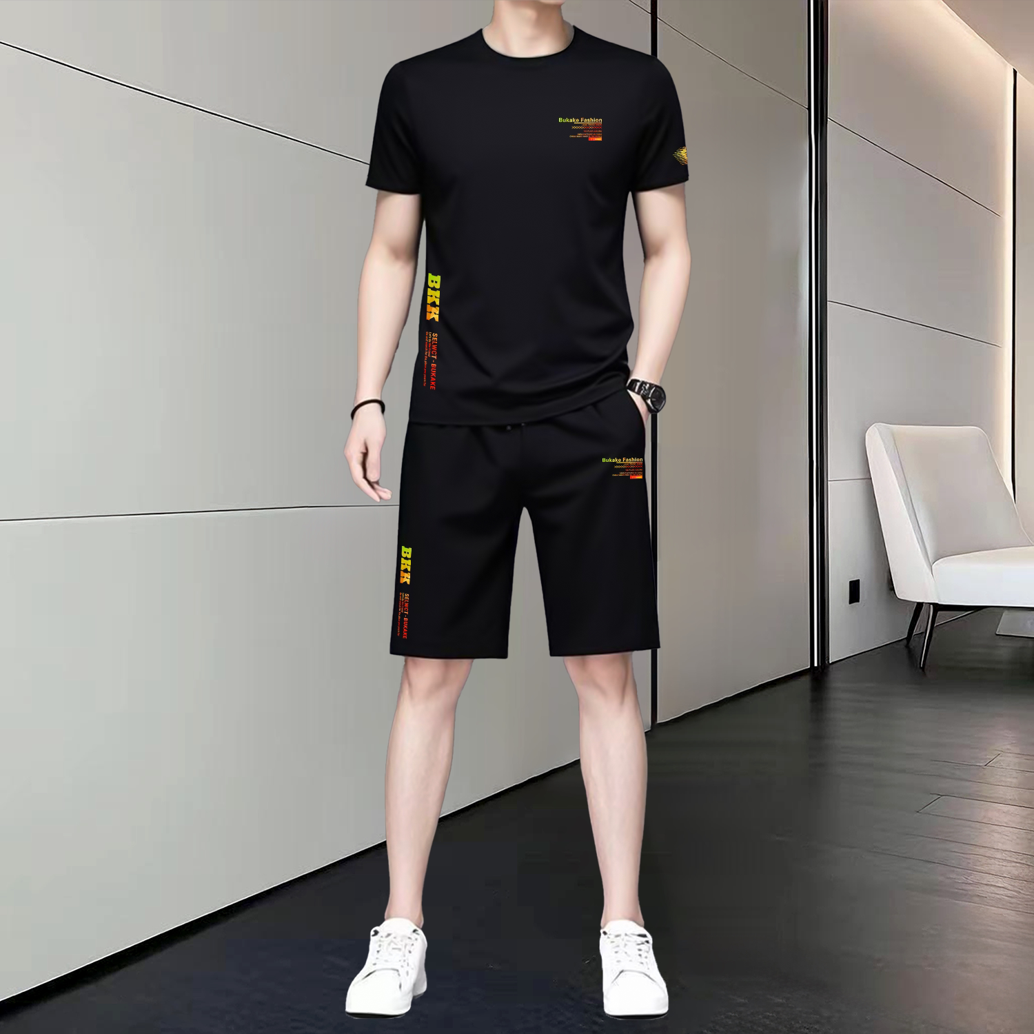 夏季休闲运动短裤套装男士冰丝透气薄款短袖T恤时尚搭配潮牌男装