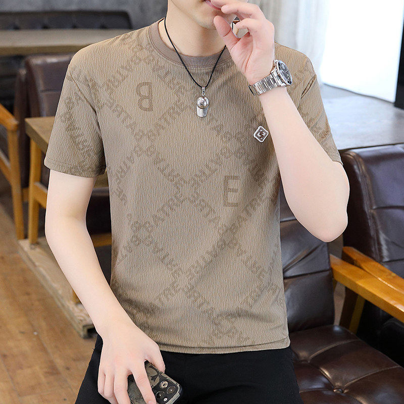 2026夏季新款短袖t恤男冰丝提花圆领修身薄款潮流爆款男士上衣帅T
