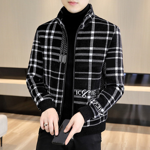 品牌2025秋冬季新款格子夹克外套男潮牌立领修身加厚高级感冬装帅