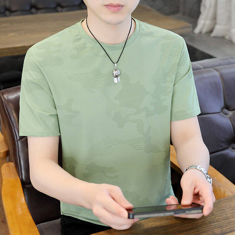 2026夏季新款冰丝迷彩印花短袖T恤男圆领男士修身速干薄款上衣潮