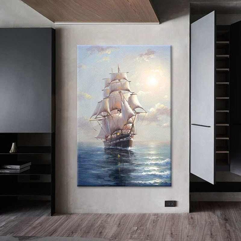 入户玄关一帆风顺纯手绘油画客厅海上帆船肌理壁画新中式装饰挂画