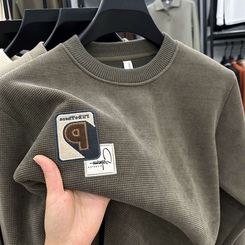 2025秋冬字母刺绣加绒加厚卫衣男士一体绒长袖保暖长袖T恤上衣男