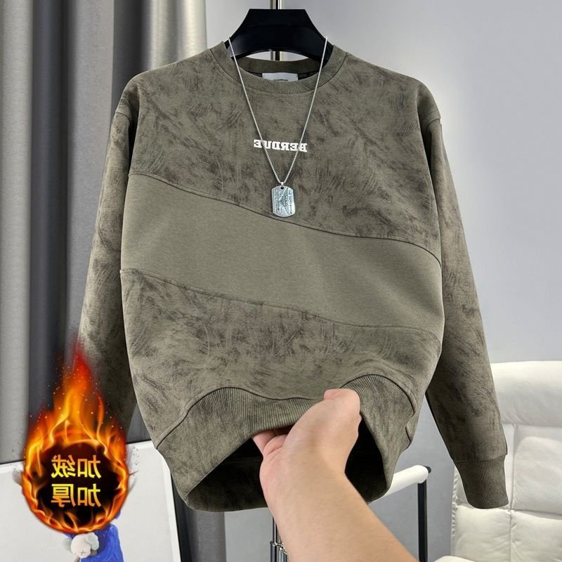 2025秋冬时尚刺绣扎染拼接休闲卫衣男士加绒加厚痞帅圆领T恤上衣