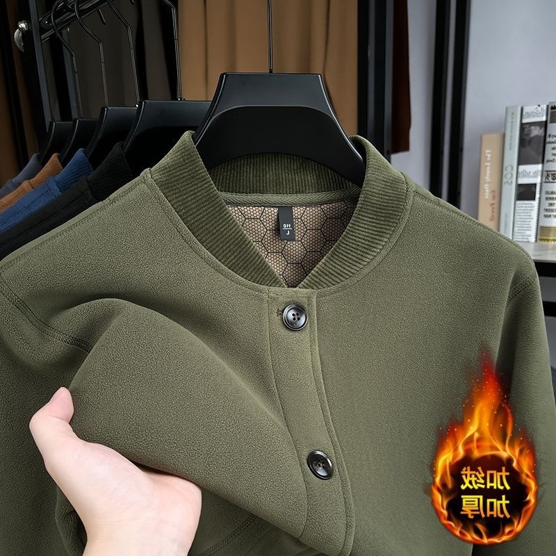 2025秋冬加绒加厚立领卫衣男士纽扣保暖夹克男棒球服开衫纽扣外套