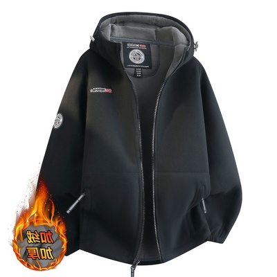 设计感外套男秋冬季加绒加厚新款重磅抓绒夹克男连帽宽松冬装上衣