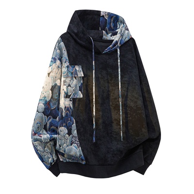 扎染拼接撞色连帽套头卫衣男士2025秋冬设计感大码宽松上衣外套男