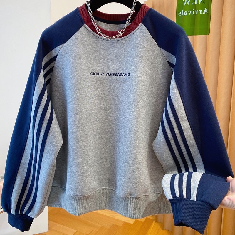 2025秋冬织带拼色刺绣圆领套头卫衣大码宽松洋气减龄运动长袖T恤