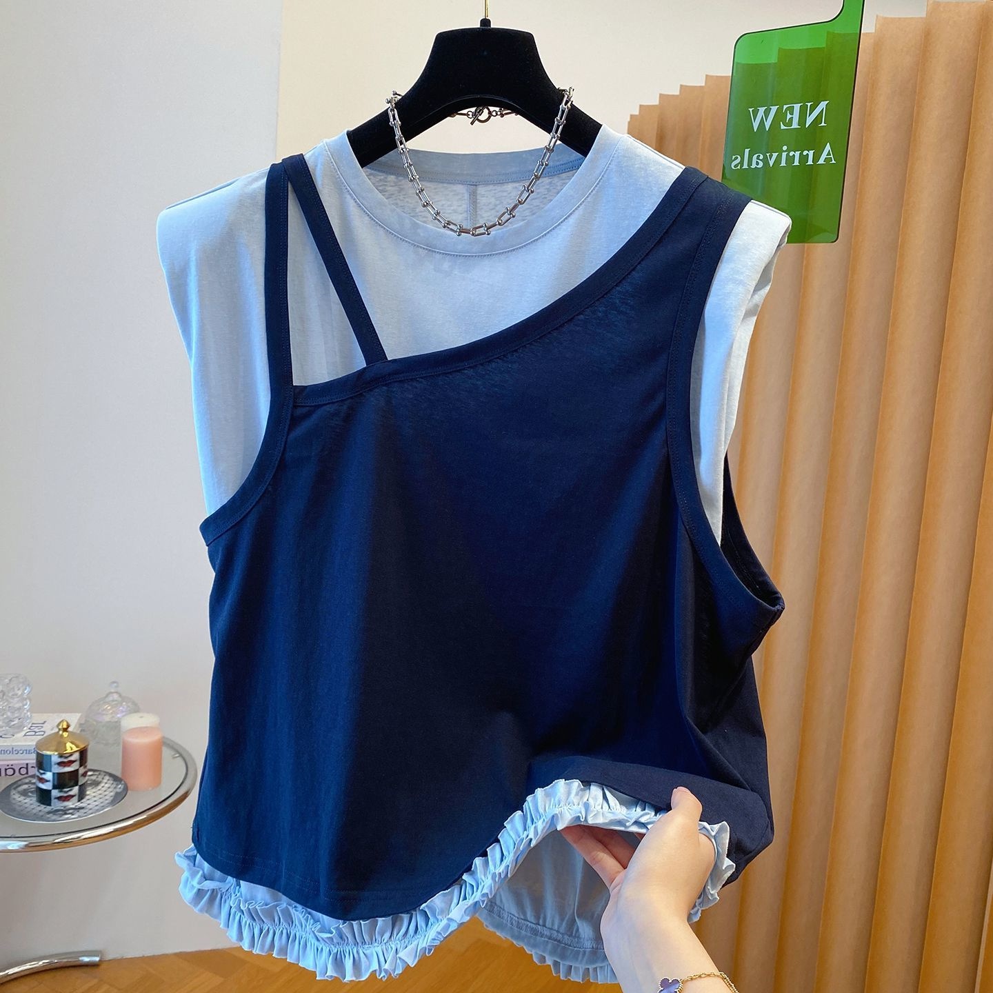 高级设计感两件套无袖T恤男女2025夏季大码宽松独特漂亮拼色上衣