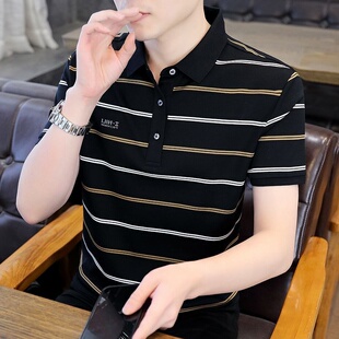 上衣T 高档青少年polo领男2025夏季 高端商务条纹短袖 t恤衬衫 领半袖