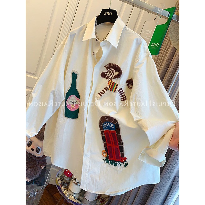 2025秋冬新款独特超好看设计感刺绣长袖衬衫大码宽松时尚百搭上衣