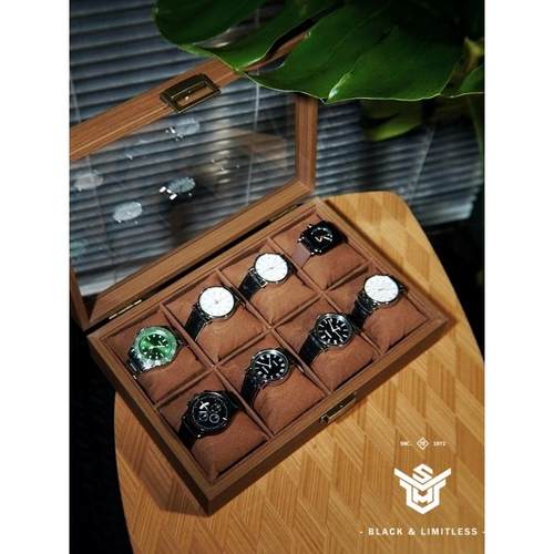 8格黑胡桃木纹高档木表盒机械表展示系列棕色衬里