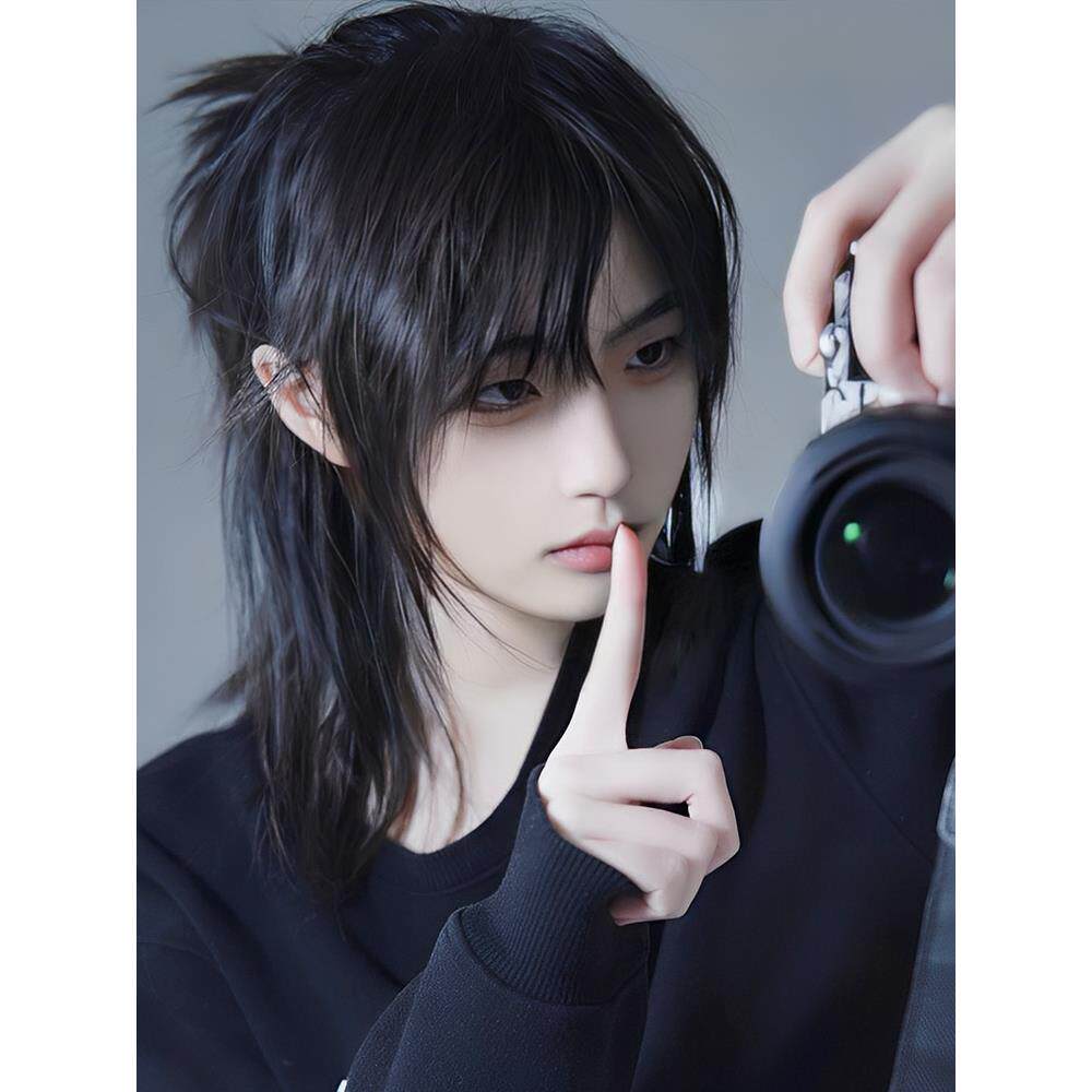 假发男长发复古武士头网红半扎中分狼尾鲻鱼头短发男士日常全头套