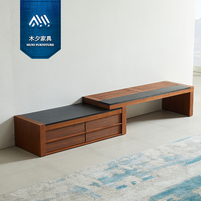 木夕新中式东南亚风格槟榔色家具胡桃色实木玄武岩伸缩组合电视柜