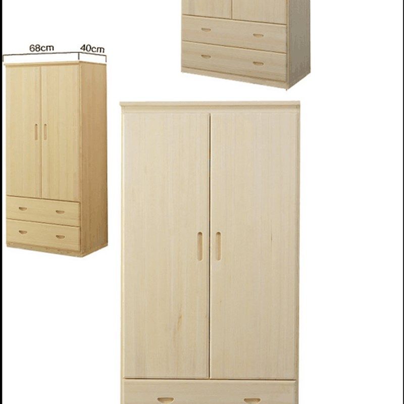 包邮田园全实木衣柜对开2门带抽屉原木衣橱松儿童简易衣柜可定制