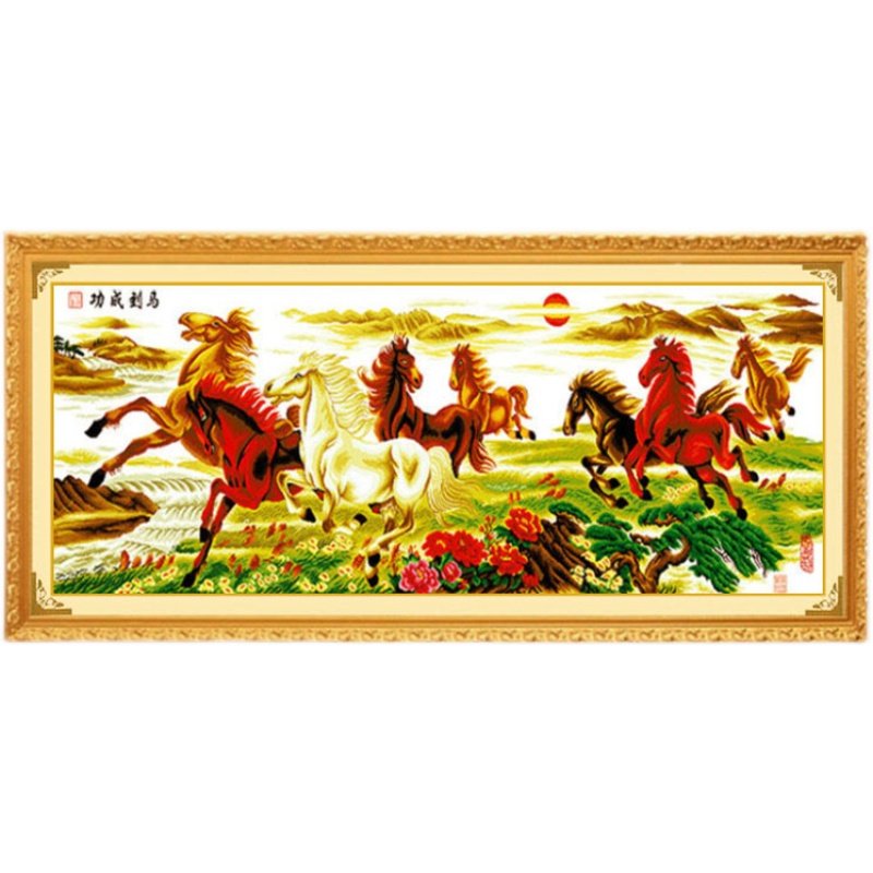 已装裱带框架纯手工绣好的十字绣成品马到成功八骏图大幅客厅挂画