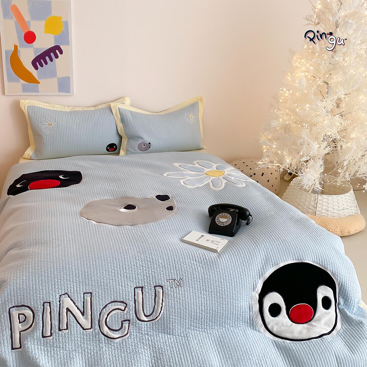 富山商店 x Pingu企鹅家族天蓝色可爱绗缝满绣全棉被套床上四件套