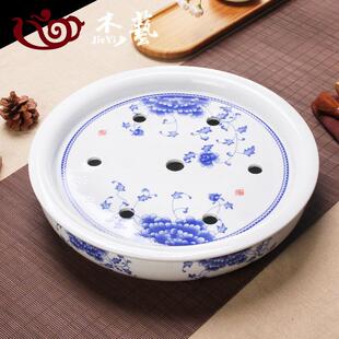 陶瓷茶盘 托盘 茶船圆形茶台茶座青花瓷功夫茶具茶盘储水茶海双层