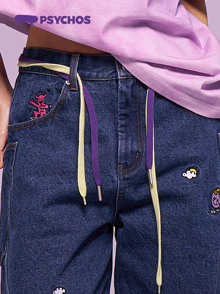 스타의 같은 스타일 PSYCHOS 두꺼운 가을 겨울 화창한 날 남성과 여성을위한 자수 바나나 바지 청바지 PA2UBPT028