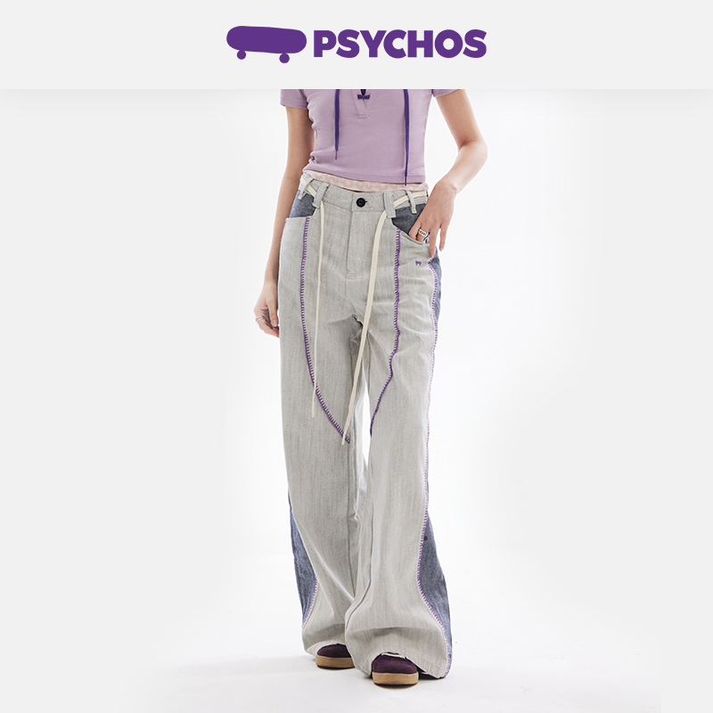 Psychos拼接撞色明线直筒牛仔裤