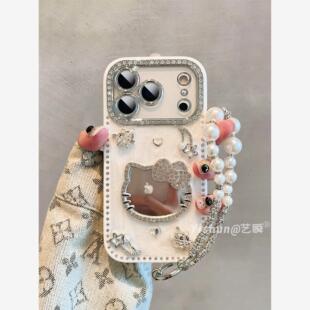 ins高级感轻奢点钻镜面kt猫适用iPhone17ProMax手机壳苹果16pro镜头全包14好看的15pro防摔13带挂绳ip保护套
